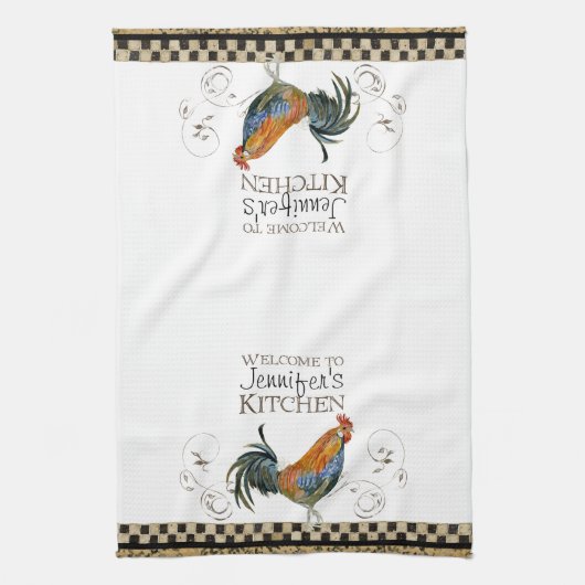 Cubalaya Rooster Black & Tan Check Swirl Kitchen Theedoek (Verticaal)