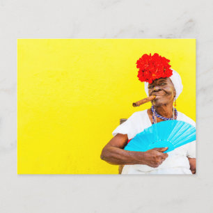 Cuban Woman Smoking A Cigar, Yellow Background Briefkaart