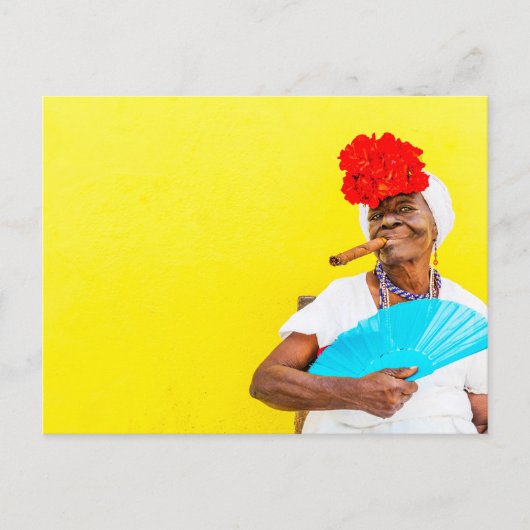 Cuban Woman Smoking A Cigar, Yellow Background Briefkaart (Voorkant)