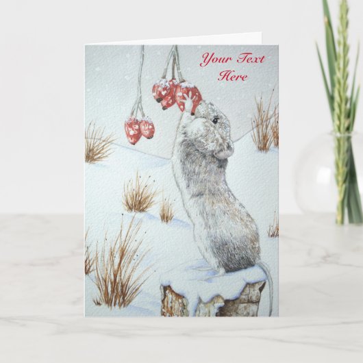 Cuben wild mouse red berries snow scene art feestdagen kaart (Voorkant)