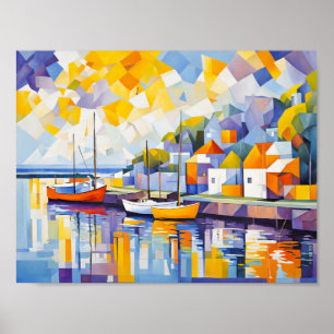 Cubist Harbour Scene met boten Poster