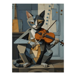 Cubist Harmony: Feline Violinist Perfect Poster