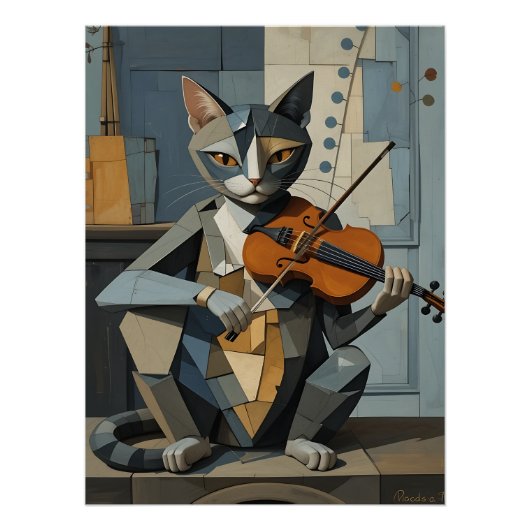 Cubist Harmony: Feline Violinist Perfect Poster (Voorkant)