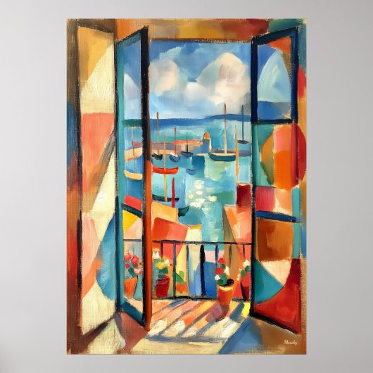 Cubistisch open raam aan zee poster (Voorkant)
