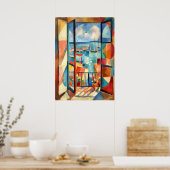 Cubistisch open raam aan zee poster (Keuken)