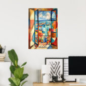 Cubistisch open raam aan zee poster (Thuiskantoor)