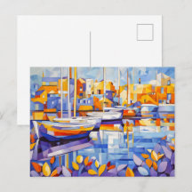 Cubistische marina met boten en reflecties