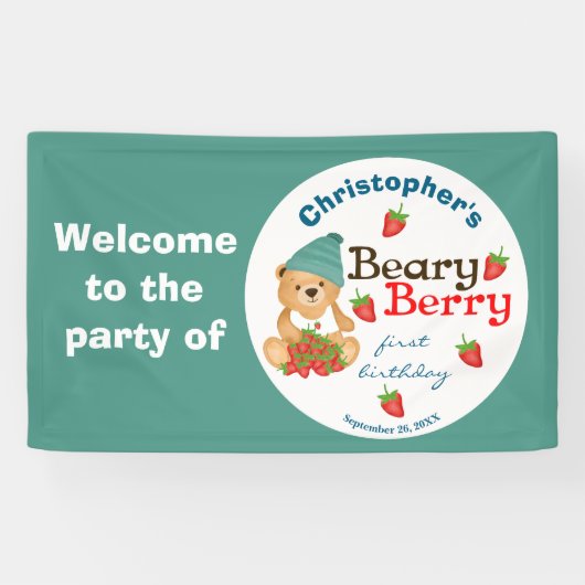 Cub's Aardbeien Beary Berry Eerste Verjaardag Spandoek (Horizontaal)