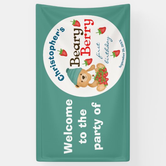 Cub's Aardbeien Beary Berry Eerste Verjaardag Spandoek (Verticaal)