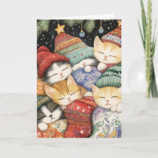 Cuddly Christmas Kittens Under the Tree Card Feestdagen Kaart (Voorkant)