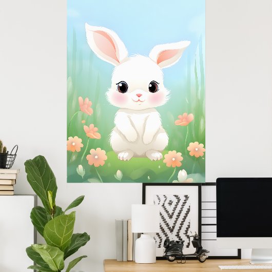 Cuddly Meadow: Baby Konijn in de lentebloemen Poster (Thuiskantoor)