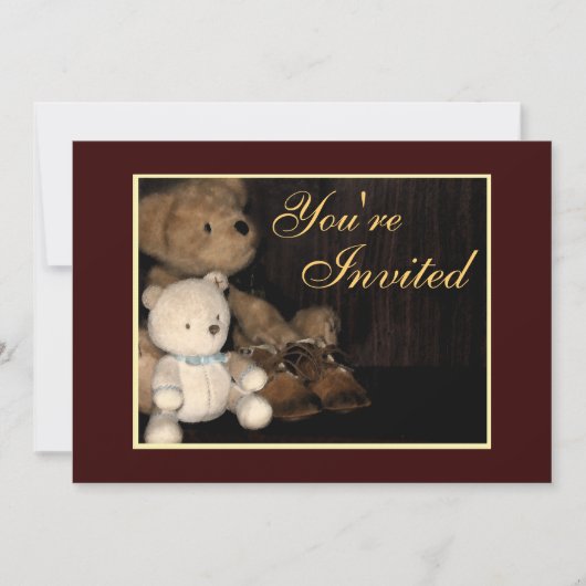 Cudly Teddy Bear & Baby Shoes Invitation Kaart (Voorkant)