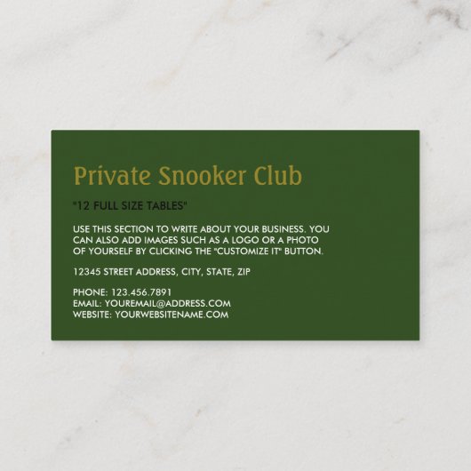 Cue Ball, Snooker Club, Pool/Snooker Player Visitekaartje (Achterkant)