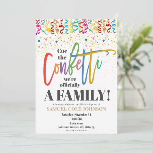 Cue de Confetti Adoption Celebration Uitnodiging (Staand voorkant)