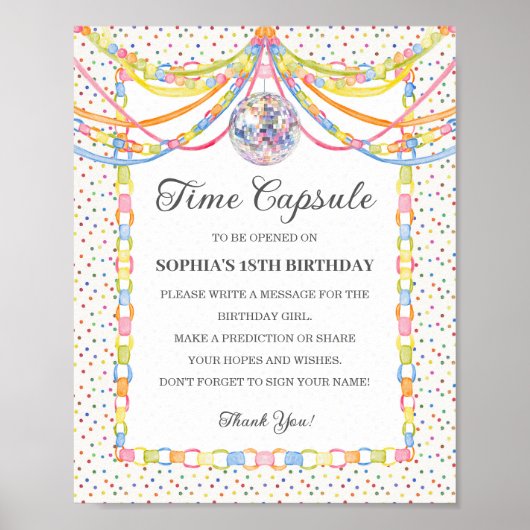 Cue de Confetti Verjaardagsfeest Tijdscapsule Spel Poster (Voorkant)