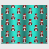 Cue Red Snowmen op Aqua Kerstmis Cadeaupapier (Vlak)