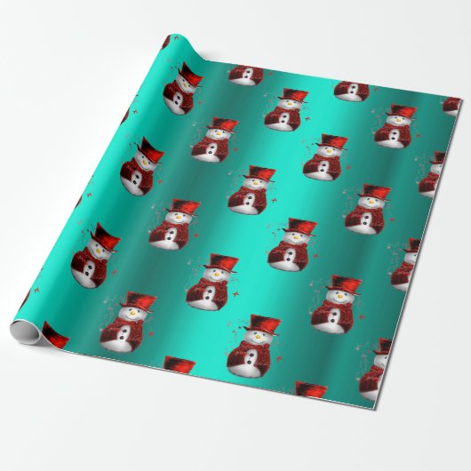 Cue Red Snowmen op Aqua Kerstmis Cadeaupapier (Uitgerold)