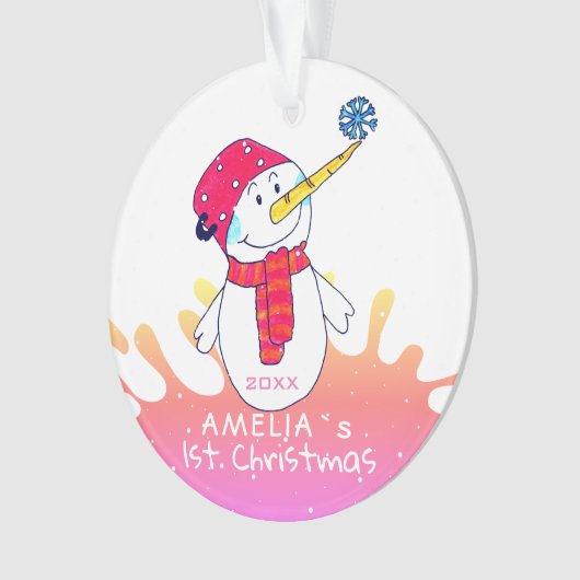 Cue Snowman Pink Baby's eerste Kerstmis Ornament (voorkant)