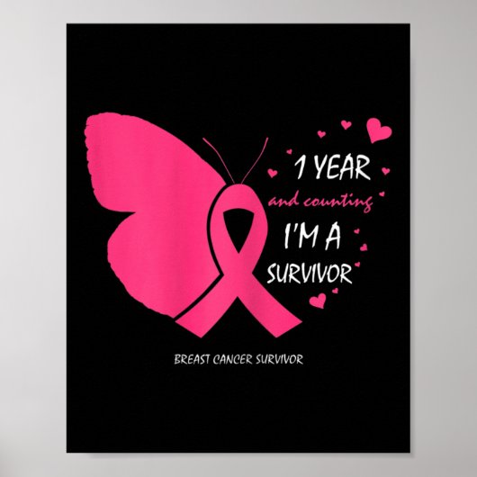 Cuene 1 Year Breast Cancer Free Pink Survivor Gift Poster (Voorkant)