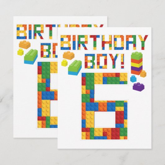 Cuene 6th Birthday Gift 6 Years Old Block Building RSVP Kaartje (Voorkant / Achterkant)