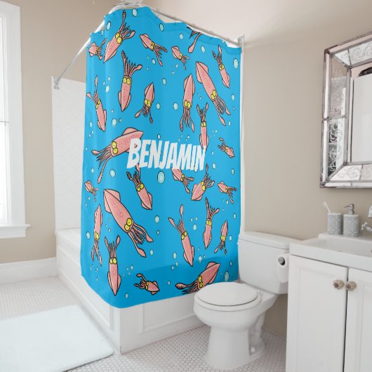 Cula funny pink squid cartoon pattern douchegordijn (In situ)