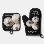 Culinair Ik hou meer van knoflook dan mensen plezi Ovenwant & Pannenlap Set (Voorkant)