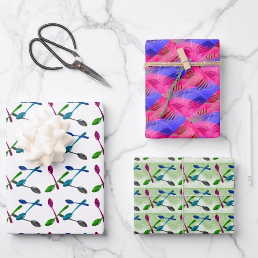 Culinaire vorken en Spoons die papierbladen overvu Inpakpapier Vel (Voorkant)