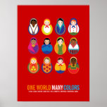 Cultuur en diversiteit vieren Een wereld met veel  Poster<br><div class="desc">"One World Veel Colors" zegt deze viering van internationale culturen. De nestpoppen uit verschillende landen en culturen in Western Europa, Azië, Afrika, Zuid-Amerika en het Caribisch gebied vormen een prachtig poster dat de nadruk legt op de wereldvrede en dat geweldig zou zijn voor een kinder lokaal of klaslokaal of een...</div>