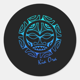 Cultuur Gezicht Symbool Blauw, Haka Kia Ora Dans N Ronde Sticker
