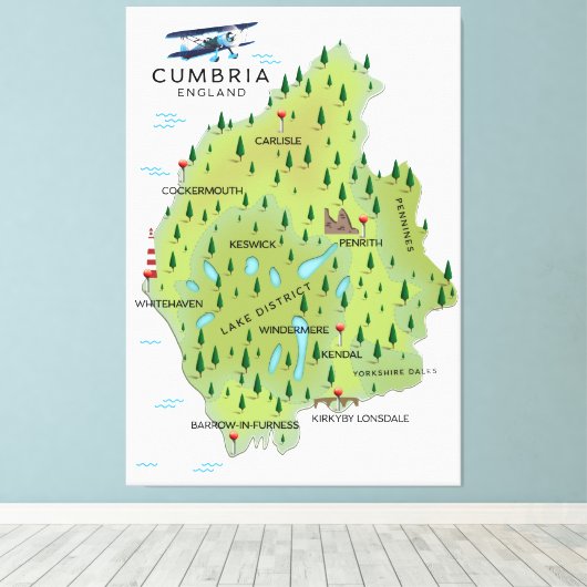 Cumbria England Map reisposter. Canvas Afdruk (Insitu (Houten vloer))