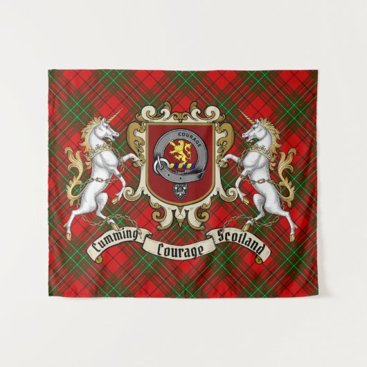 Cumming Clan Badge & Unicorns w/Tartan Wandkleed (Voorkant (horizontaal))