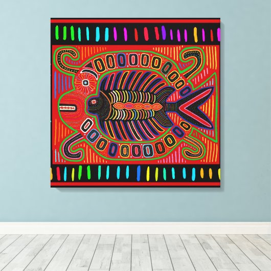 Cuna Indian Mola Flying Fish Canvas Afdruk (Insitu (Houten vloer))