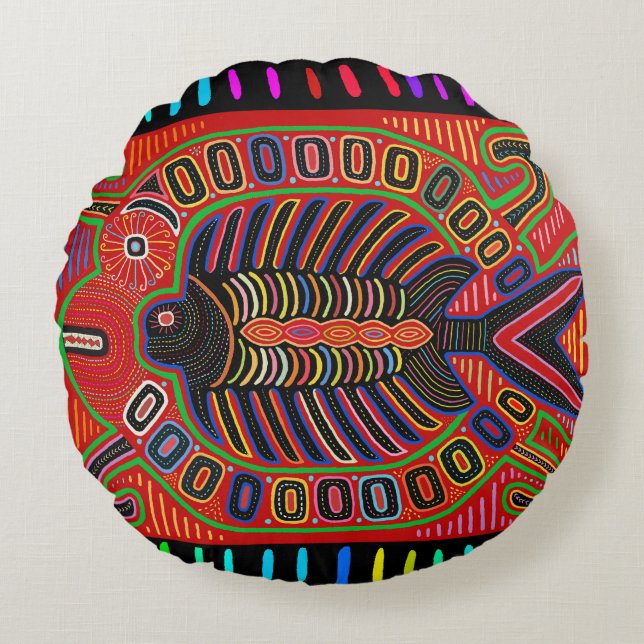 Cuna Indian Mola Flying Fish Rond Kussen (Voorkant)