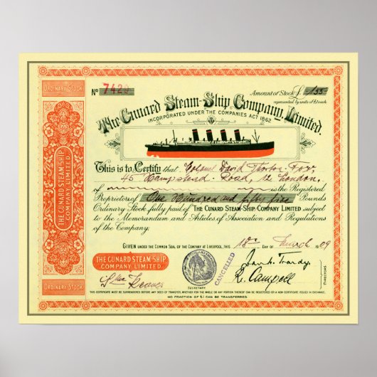 Cunard Steam-Ship Company, 1909, voorraadcertifica Poster (Voorkant)