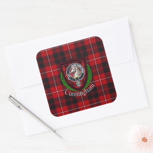 Cunningham Scottish Clan Tartan & Crest Vierkante Sticker (Envelop)