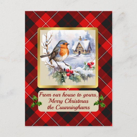 Cunningham Tartan w/Robin Personalized   Feestdagenkaart (Voorkant)