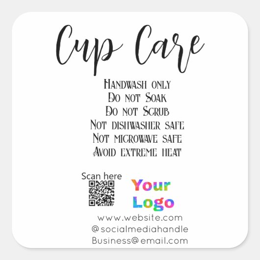 Cup verzorgingsinstructies voeg bedrijfsnaam toe l vierkante sticker (Voorkant)