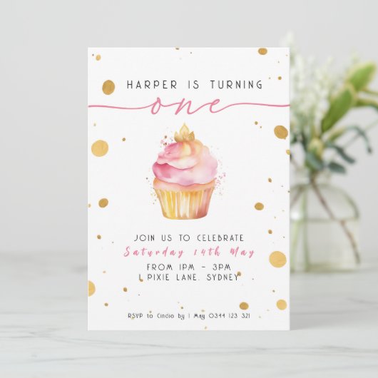 Cupcake 1e verjaardag uitnodiging meisjes (Staand voorkant)