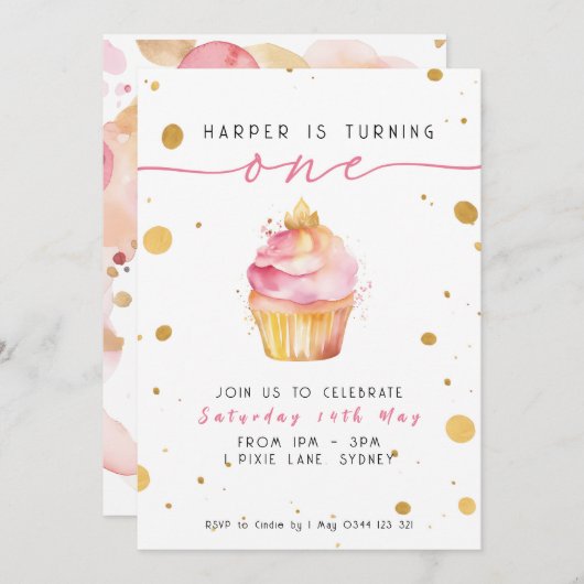 Cupcake 1e verjaardag uitnodiging meisjes (Voorkant / Achterkant)