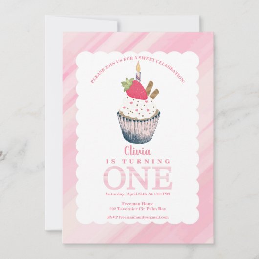 Cupcake 1e verjaardag uitnodiging – Sweet Pink Bas (Voorkant)