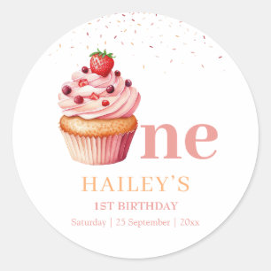 Cupcake 1e verjaardag zoete traktaties meisjesfees ronde sticker