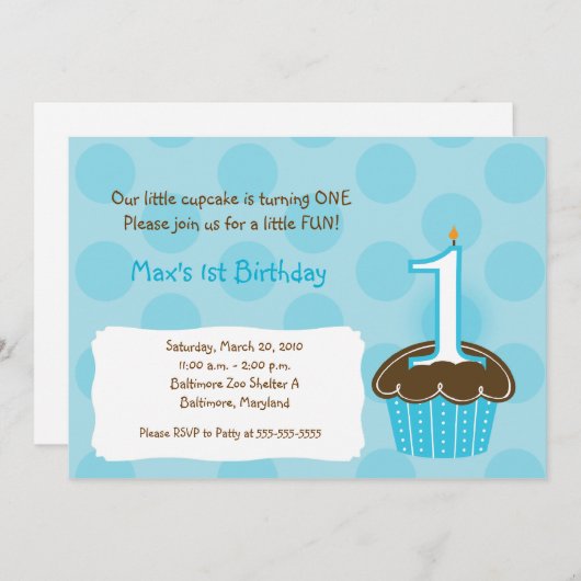 Cupcake 1st Birthday blue dot Moderne Uitnodiginge Kaart (Voorkant / Achterkant)