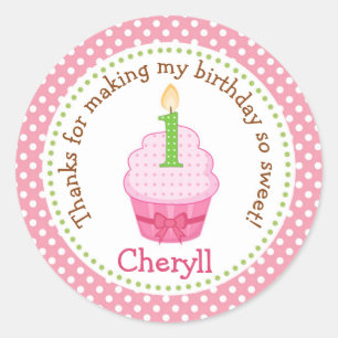 Cupcake 1st verjaardag Dank u wel roze! Ronde Sticker