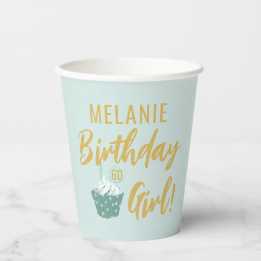 Cupcake 60e verjaardag Meisje Mint Groen 8 oz Papieren Bekers (Voorkant)