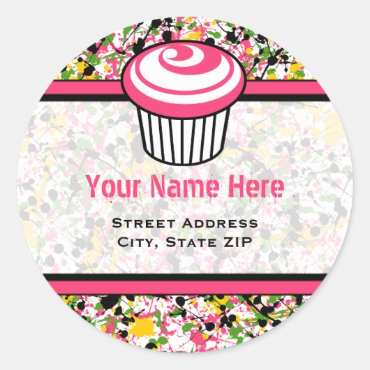 Cupcake Adreslabel - Multicolour Paint Splatter Ronde Sticker (Voorkant)