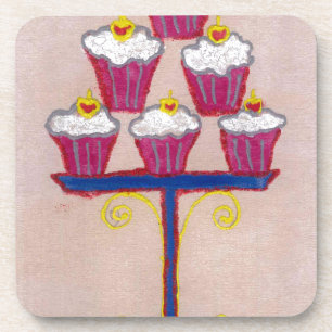 Cupcake Art Print met kersen en roze achtergrond Bier Onderzetter