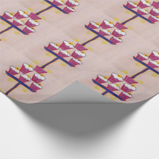 Cupcake Art Print met kersen en roze achtergrond Cadeaupapier (Hoek)