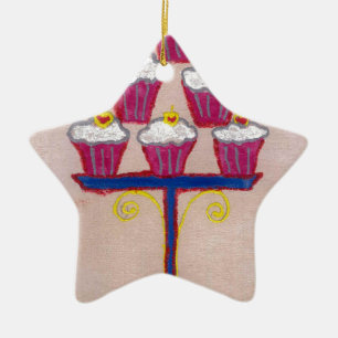 Cupcake Art Print met kersen en roze achtergrond Keramisch Ornament