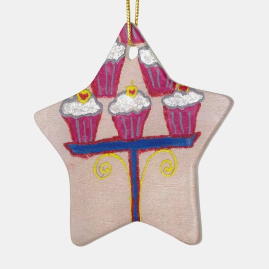 Cupcake Art Print met kersen en roze achtergrond Keramisch Ornament (Links)