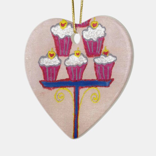 Cupcake Art Print met kersen en roze achtergrond Keramisch Ornament (Links)